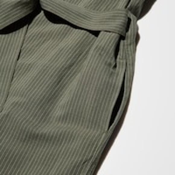 NWT Uniqlo Linen Blend Stripe Jumpsuit Olive Sz M Relaxed Waist Ribbon - Picture 4 of 11